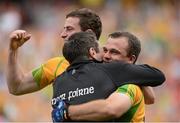 26 August 2012; Neil McGee, Donegal, celebrates with Rory Gallagher, assistant manager and Patrick McBrearty at the final whistle. GAA Football All-Ireland Senior Championship Semi-Final, Cork v Donegal, Croke Park, Dublin. Picture credit: Oliver McVeigh / SPORTSFILE