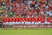 26 August 2012; The Cork team stand for the National Anthem. GAA Football All-Ireland Senior Championship Semi-Final, Cork v Donegal, Croke Park, Dublin. Picture credit: Ray McManus / SPORTSFILE