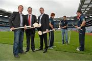 28 August 2012; The 40th Annual One Direct Kilmacud Crokes All-Ireland Senior Hurling Sevens Competition was launched today in Croke Park. In attendance at the launch are, from left, former Galway hurler Ollie Canning, One Direct Managing Director David Egan, and former Kilkenny hurler Eddie Brennan, Jack Dougan, Kilmacud Crokes, Caolan Conway, Dublin, and Niall Corcoran, Dublin. Croke Park, Dublin. Picture credit: Barry Cregg / SPORTSFILE
