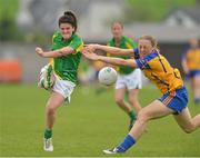 11 August 2012; Alicia Curtis, Meath, in action against Sinead Quinn, Clare. TG4 All-Ireland Ladies Football Senior Championship Qualifier Round 2, Clare v Meath, St. Brendan’s Park, Birr, Co. Offaly. Picture credit: Barry Cregg / SPORTSFILE