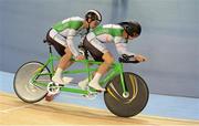 30 August 2012; Ireland's tandem pairing James Brown, from Stonehouse, England, left, and pilot Damien Shaw, from Mullingar, Co. Westmeath, compete in the qualifiying round of the men's individual B pursuit. The tandem pair finished in a time of 4:25.557 qualifying them for this afternoon's Bronze medal ride off. London 2012 Paralympic Games, Cycling, Velodrome, Olympic Park, Stratford, London, England. Picture credit: Brian Lawless / SPORTSFILE