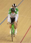 30 August 2012; Ireland's tandem pairing James Brown, from Stonehouse, England, behind, and pilot Damien Shaw, from Mullingar, Co. Westmeath, after their qualifiying round of the men's individual B pursuit. The tandem pair finished in a time of 4:25.557 qualifying them for this afternoon's Bronze medal ride off. London 2012 Paralympic Games, Cycling, Velodrome, Olympic Park, Stratford, London, England. Picture credit: Brian Lawless / SPORTSFILE