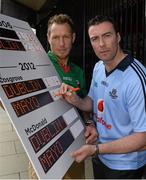 30 August 2012; Predicting the scores at the Vodafone GAA All-Ireland Football Semi-Final Press Conference ahead of Sunday's clash between Dublin and Mayo are stars of the 2006 clash between the two counties Ray Cosgrove, Dublin, and Ciarán McDonald, Mayo. Flannery's Dublin, Camden Street, Dublin. Picture credit: Ray McManus / SPORTSFILE