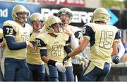 31 August 2012; Orion Salter, Jesuit Prep Dallas, 21, celebrates with team-mates after scoring a touchdown in the opening quarter. Global Ireland Football Tournament 2012, Loyola Academy, Wilmette, Illinois v Jesuit Prep Dallas, Texas, Donnybrook Stadium, Donnybrook, Dublin. Picture credit: Stephen McCarthy / SPORTSFILE