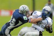 31 August 2012; Bradey Oliviara, Oak Park High School, right, in action against Simon Gennaro, Villanova College, left. Global Ireland Football Tournament 2012, Oak Park High School, Manitoba v Villanova College, Ontario, Pairc Tailteann, Navan, Co. Meath. Picture credit: Pat Murphy / SPORTSFILE