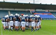 31 August 2012; The Kent School team gather together in a huddle before the game. Global Ireland Football Tournament 2012, Kent School, Connecticut, v National School of American Football, Ireland/UK, Parnell Park, Dublin. Picture credit: Brendan Moran / SPORTSFILE