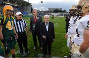 31 August 2012; United States Ambassador to Ireland and Pittsburg Steelers Owner Dan Rooney tosses the coin before the game. Global Ireland Football Tournament 2012, John Carroll University, Ohio v St Norbert College, Wisconsin, Donnybrook Stadium, Donnybrook, Dublin. Picture credit: Stephen McCarthy / SPORTSFILE