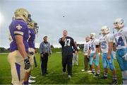 31 August 2012; NFL legend Mike McCoy tosses the coin between Notre Dame Prep, left, and Father Judge. Global Ireland Football Tournament 2012, Notre Dame Prep, Scottsdale, Arizona v Father Judge, Philadelphia, Pairc Tailteann, Navan, Co. Meath. Picture credit: Pat Murphy / SPORTSFILE