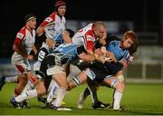 31 August 2012; Rob Harley Glasgow Warriors, is tackled by Tom Court, left, and Robbie Diack, Ulster. Cletic League, Round 1, Ulster v Glasgow Warriors, Ravenhill Park, Belfast, Co. Antrim. Picture credit: Oliver McVeigh / SPORTSFILE