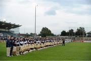31 August 2012; The Notre Dame High School and Hamilton High School teams line up for the national anthem before the game. Global Ireland Football Tournament 2012, Notre Dame High School, California v Hamilton High School, Arizona, Parnell Park, Dublin. Picture credit: Brendan Moran / SPORTSFILE