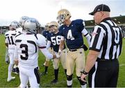 31 August 2012; Captains including Kelly Hininski, 4, Notre Dame High School, and Levi Sterling, Hamilton High School, meet before the toss. Global Ireland Football Tournament 2012, Notre Dame High School, California v Hamilton High School, Arizona, Parnell Park, Dublin. Picture credit: Brendan Moran / SPORTSFILE