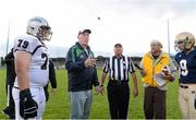 31 August 2012; Former Dublin footballer and Director of Sport at UCD Brian Mullins, 2nd from left, tosses the coin before the game in the company of the match officials and the Notre Dame High School and Hamilton High School captains. Global Ireland Football Tournament 2012, Notre Dame High School, California v Hamilton High School, Arizona, Parnell Park, Dublin. Picture credit: Brendan Moran / SPORTSFILE
