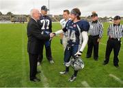 31 August 2012; His Excellency Loyola Hearn, Canadian Ambassador to Ireland, with NFL Legend Mike McCoy, second from left, Alex Toback, Oak Park High School, second from right, and Diego Nafarrate, Villanova College, right. Global Ireland Football Tournament 2012, Oak Park High School, Manitoba v Villanova College, Ontario, Pairc Tailteann, Navan, Co. Meath. Picture credit: Pat Murphy / SPORTSFILE