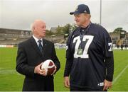 31 August 2012; His Excellency Loyola Hearn, Canadian Ambassador to Ireland, with NFL Legend Mike McCoy, right. Global Ireland Football Tournament 2012, Oak Park High School, Manitoba v Villanova College, Ontario, Pairc Tailteann, Navan, Co. Meath. Picture credit: Pat Murphy / SPORTSFILE