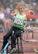 1 September 2012; Ireland's Catherine O’Neill, from New Ross, Co. Wexford, reacts during the women's club throw - F51 final. O'Neill finished in 4th place overall. London 2012 Paralympic Games, Athletics, Olympic Stadium, Olympic Park, Stratford, London, England. Picture credit: Brian Lawless / SPORTSFILE