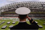 1 September 2012; A member of the Naval Academy during the National Anthems. NCAA Emerald Isle Classic, Notre Dame v Navy, Aviva Stadium, Lansdowne Road, Dublin. Picture credit: Stephen McCarthy / SPORTSFILE