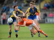 1 September 2012; Caroline O'Hanlon, Armagh, in action against Anne Marie Bratton and Michelle Farrell, 21, Longford. TG4 All-Ireland Ladies Football Intermediate Championship Semi-Final, Armagh v Longford, St. Brendan’s Park, Birr, Co. Offaly. Matt Browne / SPORTSFILE