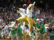 1 September 2012; Manti Te'o, Notre Dame, celebrates with team-mate Kapron Lewis-Moore, left, after sacking the Navy quarterback. NCAA Emerald Isle Classic, Navy v Notre Dame, Aviva Stadium, Lansdowne Road, Dublin. Picture credit: Pat Murphy / SPORTSFILE