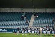 31 August 2012; Members of the Kent School team and supporters stand for the national anthem before the game. Global Ireland Football Tournament 2012, Kent School, Northwestern Connecticut v National School of American Football, Ireland/UK. Parnell Park, Dublin. Picture credit: Brendan Moran / SPORTSFILE