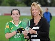 1 September 2012; Sarah Houlihan, Kerry, is presented with her player of the match award by Helen O'Rourke, CEO of the Ladies Gaelic Football Association. TG4 All-Ireland Ladies Football Senior Championship Semi-Final, Kerry v Galway, St. Brendan’s Park, Birr, Co. Offaly. Matt Browne / SPORTSFILE