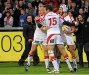 31 August 2012; Michael Allen, Ulster, celebrates with Jared Payne and Luke Marshall after going over for his side's first try. Cletic League, Round 1, Ulster v Glasgow Warriors, Ravenhill Park, Belfast, Co. Antrim. Picture credit: Oliver McVeigh / SPORTSFILE