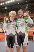 2 September 2012; Ireland's Catherine Walsh, left, from Swords, Dublin, and pilot Francine Meehan, from Killurin, Co. Offaly, celebrate with their silver medal after finishing in second place in the women's individual B pursuit final. London 2012 Paralympic Games, Cycling, Velodrome, Olympic Park, Stratford, London, England. Picture credit: Brian Lawless / SPORTSFILE