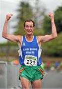 2 September 2012; Tommy McElwain, Sliabh Bhuide Rovers A.C., Wexford, crosses the line to finish the Woodie’s DIY Half Marathon Championships of Ireland. Presentation College, Athenry, Co. Galway. Picture credit: Barry Cregg / SPORTSFILE