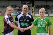 1 September 2012; Referee Eugene O'Hare with Galway captain Claire Hehir and Kerry captain Bernie Breen. TG4 All-Ireland Ladies Football Senior Championship Semi-Final, Kerry v Galway, St. Brendan’s Park, Birr, Co. Offaly. Matt Browne / SPORTSFILE