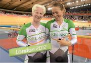 2 September 2012; Ireland's Catherine Walsh, from Swords, Dublin, and pilot Francine Meehan, from Killurin, Co. Offaly, celebrate after the women's individual B pursuit final. London 2012 Paralympic Games, Cycling, Velodrome, Olympic Park, Stratford, London, England. Picture credit: Brian Lawless / SPORTSFILE