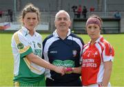 2 September 2012; Referee Michael Henry with Emma Dalton, Offaly, and Ann Marie Murphy, Louth. TG4 All-Ireland Ladies Football Junior Championship Semi-Final, Louth v Offaly, Clane GAA Club, Co. Kildare. Picture credit: Matt Browne / SPORTSFILE