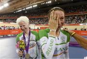 2 September 2012; Ireland's Catherine Walsh, from Swords, Dublin, and pilot Francine Meehan, from Killurin, Co. Offaly, celebrate with their silver medal after finishing in second place in the women's individual B pursuit final. London 2012 Paralympic Games, Cycling, Velodrome, Olympic Park, Stratford, London, England. Picture credit: Brian Lawless / SPORTSFILE