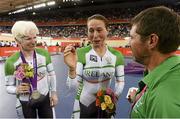 2 September 2012; Ireland's Catherine Walsh, left, from Swords, Dublin, and pilot Francine Meehan, from Killurin, Co. Offaly, are congratulated by Denis Toomey, Paralympic cycling manager, right, after winning silver in the women's individual B pursuit final. London 2012 Paralympic Games, Cycling, Velodrome, Olympic Park, Stratford, London, England. Picture credit: Brian Lawless / SPORTSFILE