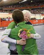 2 September 2012; Ireland's Catherine Walsh, from Swords, Dublin, is congratulated by Denis Toomey, Paralympic cycling manager, after winning silver in the women's individual B pursuit final. London 2012 Paralympic Games, Cycling, Velodrome, Olympic Park, Stratford, London, England. Picture credit: Brian Lawless / SPORTSFILE