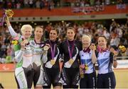 2 September 2012; Ireland's Catherine Walsh, from Swords, Dublin, and pilot Francine Meehan, from Killurin, Co. Offaly, celebrate on the podium with gold medallists Phillipa Gray and pilot Laura Thompson, centre, New Zealand, and bronze medallists Aileen McGlynn and pilot Helen Scott, right, Great Britain, after the women's individual B pursuit final. London 2012 Paralympic Games, Cycling, Velodrome, Olympic Park, Stratford, London, England. Picture credit: Brian Lawless / SPORTSFILE