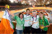 2 September 2012; Ireland's Catherine Walsh, from Swords, Dublin, and pilot Francine Meehan, from Killurin, Co. Offaly, along with Francine's mother Helen Meehan, left, and Catherine's mother Bernie Walsh, right, celebrate with their silver medal after finishing in second place in the women's individual B pursuit final. London 2012 Paralympic Games, Cycling, Velodrome, Olympic Park, Stratford, London, England. Picture credit: Brian Lawless / SPORTSFILE