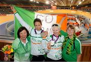 2 September 2012; Ireland's Catherine Walsh, from Swords, Dublin, and pilot Francine Meehan, from Killurin, Co. Offaly, along with Francine's mother Helen Meehan, left, and Catherine's mother Bernie Walsh, right, celebrate with their silver medal after finishing in second place in the women's individual B pursuit final. London 2012 Paralympic Games, Cycling, Velodrome, Olympic Park, Stratford, London, England. Picture credit: Brian Lawless / SPORTSFILE