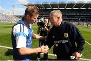 2 September 2012; Dessie Farrell, Dublin manager, shakes hands with Mickey Ned O'Sullivan, Kerry manager, at the end of the game. Electric Ireland GAA Football All-Ireland Minor Championship Semi-Final, Dublin v Kerry, Croke Park, Dublin. Picture credit: David Maher / SPORTSFILE