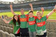 2 September 2012; Mayo supporters, left to right, Cathy Sheridan, Finín Óg McNamara, Terence Dever and Emma Kilbane, all from Acaill, celebrate after the game. GAA Football All-Ireland Senior Championship Semi-Final, Dublin v Mayo, Croke Park, Dublin. Picture credit: Ray McManus / SPORTSFILE