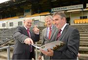 3 September 2012; Bill Dowey, Chief Designer at Mott McDonald Ltd, GAA Ard Stiúrthoir Paraic Duffy and Tom Daly, Chairman of the Casement Park Stadium redevelopment Board, at the annoucement by Ulster GAA Council of the appointment of World renowned Stadium Designers Mott McDonald Ltd, for the design of the new stadium on the site of Casement Park, Belfast. Announcement of Casement Park Stadium Redevelopment, Casement Park, Belfast, Co. Antrim. Picture credit: Oliver McVeigh / SPORTSFILE