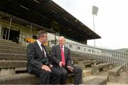 3 September 2012; Tom Daly, Chairman of the Casement Park Stadium redevelopment Board, and Bill Dowey, Chief Designer at Mott McDonald Ltd, at the annoucement by Ulster GAA Council of the appointment of World renowned Stadium Designers Mott McDonald Ltd, for the design of the new stadium on the site of Casement Park, Belfast. Announcement of Casement Park Stadium Redevelopment, Casement Park, Belfast, Co. Antrim. Picture credit: Oliver McVeigh / SPORTSFILE