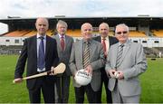 3 September 2012; Font row Eamon Gillen, Pat Hasson, and Eamon McMahon, Trustees of Casement Park, along with GAA Ard Stiúrthoir Paraic Duffy and Danny Murphy, Ulster GAA secretary, at the annoucement by Ulster GAA Council of the appointment of World renowned Stadium Designers Mott McDonald Ltd for the design of the new stadium on the site of Casement Park, Belfast. Announcement of Casement Park Stadium Redevelopment, Casement Park, Belfast, Co. Antrim. Picture credit: Oliver McVeigh / SPORTSFILE