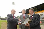 3 September 2012; Bill Dowey, Chief Designer at Mott McDonald Ltd, GAA Ard Stiúrthoir Paraic Duffy and Tom Daly, Chairman of the Casement Park Stadium redevelopment Board, at the annoucement by Ulster GAA Council of the appointment of World renowned Stadium Designers Mott McDonald Ltd for the design of the new stadium on the site of Casement Park, Belfast. Announcement of Casement Park Stadium Redevelopment, Casement Park, Belfast, Co. Antrim. Picture credit: Oliver McVeigh / SPORTSFILE