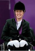 2 September 2012; Ireland's Helen Kearney, from Dunlaven, Co. Wicklow, celebrates after winning silver for individual championship test - grade Ia. London 2012 Paralympic Games, Equestrian, Olympic Park, Stratford, London, England. Picture credit: SPORTSFILE