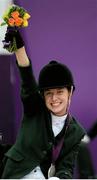 2 September 2012; Ireland's Helen Kearney, from Dunlaven, Co. Wicklow, celebrates after winning silver for individual championship test - grade Ia. London 2012 Paralympic Games, Equestrian, Olympic Park, Stratford, London, England. Picture credit: SPORTSFILE