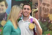 3 September 2012; Team Ireland's Jason Smyth, from Eglinton, Co. Derry, men's 100m - T13 gold medal winner, along with with his fiance Elise Jordan, at the team lodge. London 2012 Paralympic Games, Team Lodge, Stratford, London, England. Picture credit: Brian Lawless / SPORTSFILE