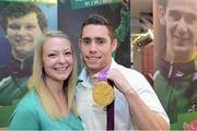 3 September 2012; Team Ireland's Jason Smyth, from Eglinton, Co. Derry, men's 100m - T13 gold medal winner, along with with his fiance Elise Jordan, at the team lodge. London 2012 Paralympic Games, Team Lodge, Stratford, London, England. Picture credit: Brian Lawless / SPORTSFILE