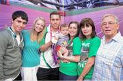 3 September 2012; Team Ireland's Jason Smyth, from Eglinton, Co. Derry, men's 100m - T13 gold medal winner, with from left to right, Justyn Smyth, brother, Elisa Jordan, fiance, Lewis D'hulst, 6 months, nephew, Leeza D'hulst, sister, Diane Smyth, mother, and Robert Smyth, grandfather, at the team lodge. London 2012 Paralympic Games, Team Lodge, Stratford, London, England. Picture credit: Brian Lawless / SPORTSFILE