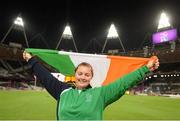 4 September 2012; Ireland's Orla Barry, from Ladysbridge, Cork, celebrates after winning bronze in the women's discus throw F57/58 final. London 2012 Paralympic Games, Discus Throw, Olympic Stadium, Olympic Park, Stratford, London, England. Picture credit: Brian Lawless / SPORTSFILE