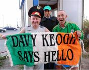 6 September 2012; Republic of Ireland supporters Davy Keogh, from Cabra, Dublin, left, and George Downer, from BallyBrack, Co. Dublin, with local policeman Dori Khorn, in Astana, Kazakhstan, ahead of the Republic of Ireland's 2014 FIFA World Cup qualifier against Kazakhstan on Friday. Astana, Kazakhstan. Picture credit: David Maher / SPORTSFILE