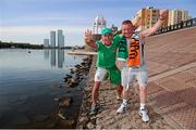 6 September 2012; Republic of Ireland supporters George Downer, from Ballybrack, Co. Dublin, left, and Davy Keogh, from Cabra, Dublin, in Astana, Kazakhstan, ahead of the Republic of Ireland's 2014 FIFA World Cup qualifier against Kazakhstan on Friday. Astana, Kazakhstan. Picture credit: David Maher / SPORTSFILE